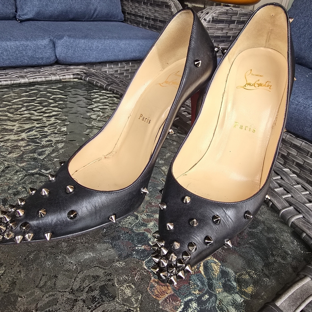 Authentic Christian Louboutin Black Leather Spiked Heels